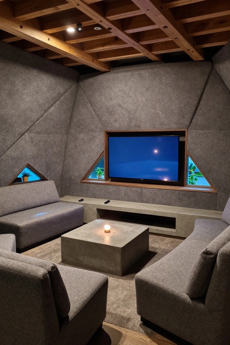 Gray fabric-covered angular walls in a geodesic dome interior with wooden beamed ceiling, triangular windows holding plants and a TV screen, gray sofas around a low concrete coffee table with a candle.