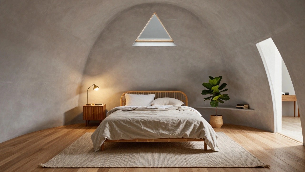 Minimalist bedroom with white sloped plaster ceilings, low rattan platform bed dressed in white linens, wooden nightstand with brass lamp and books, fiddle leaf fig plant in white pot, floating white shelves with books, and beige rug on oak wood floor.