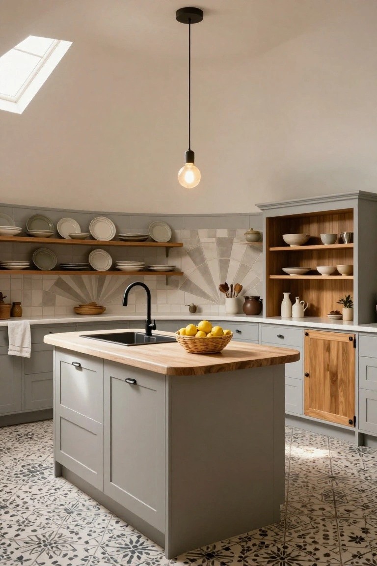 Curved kitchen interior with grey cabinets, wooden open shelves displaying white plates, central island topped with butcher block and a basket of lemons, black faucet over sink, fan-shaped wall tiles, and patterned tile floor.