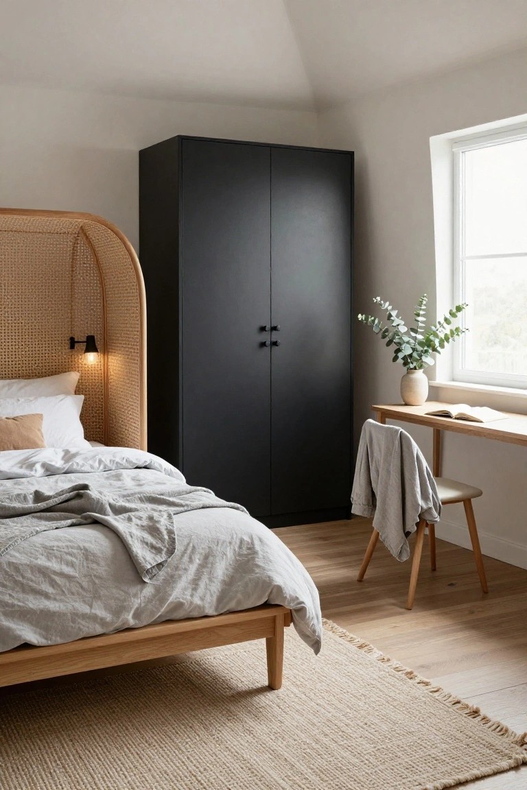 Bedroom with arched rattan headboard lit by black wall sconce, tall black wardrobe beside it, oak bed frame with gray linens, wooden desk with draped sweater, and eucalyptus in vase by window.