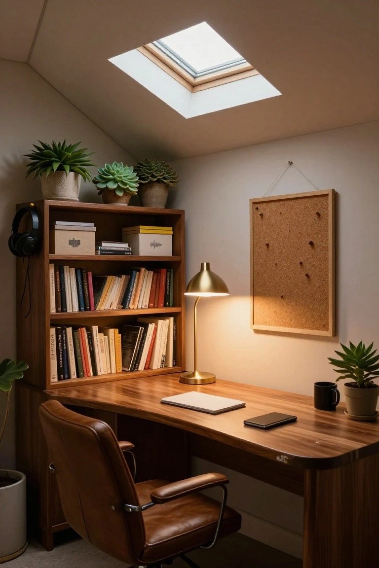 Wooden bookshelf and desk unit in a sloped-ceiling room with plants, leather chair, brass lamp, books, and a skylight overhead.