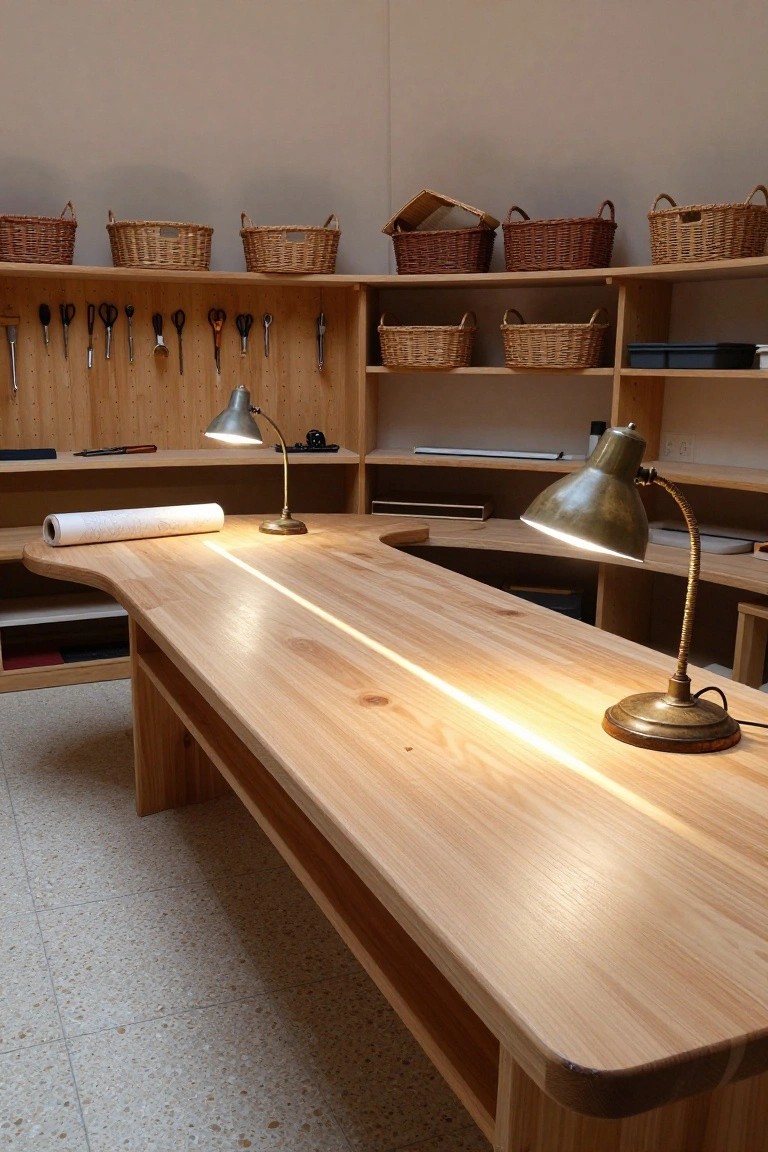 Workshop interior with large curved wooden workbench, two lit desk lamps, pegboard wall holding various tools, open wooden shelves with multiple wicker baskets, and additional storage cabinets.