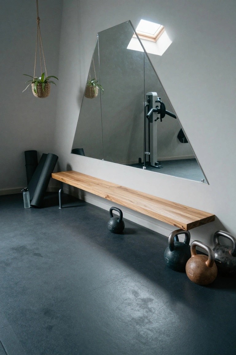 Home gym corner with large triangular mirror wall, wooden bench mounted below, black and brown kettlebells on floor and bench, rolled yoga mat, water bottle, hanging plant, and exercise bike reflected in mirror on dark rubber floor with skylight above.
