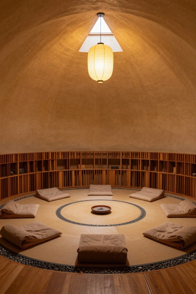 Curved wooden bookshelves line the beige walls of a geodesic dome interior, surrounding a central circular tan mat with beige zabuton cushions arranged in a circle around a small ceramic bowl, lit by a hanging paper lantern overhead on a wooden floor.