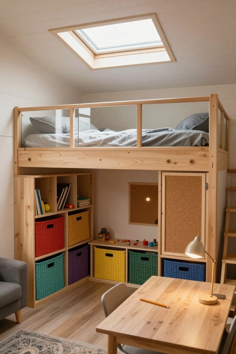 Wooden loft bed with glass-paneled railing and gray bedding above built-in shelves with books and colorful woven baskets, a small wooden desk with lamp and pencil, gray armchair, and corkboard in a light wood-paneled room with skylight.