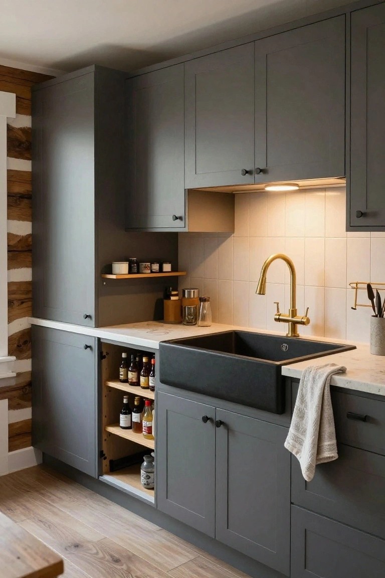 Gray shaker-style cabinets in a log cabin kitchen with wood plank accent wall, open base cabinet revealing internal wooden shelves stocked with various bottles, black farmhouse sink, and gold faucet.