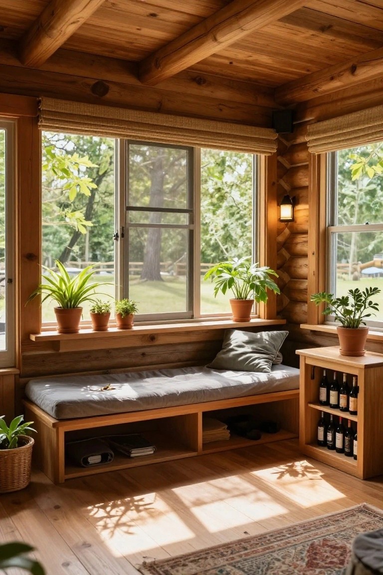 Cozy wooden cabin nook with cushioned bench, potted plants, and wine rack.