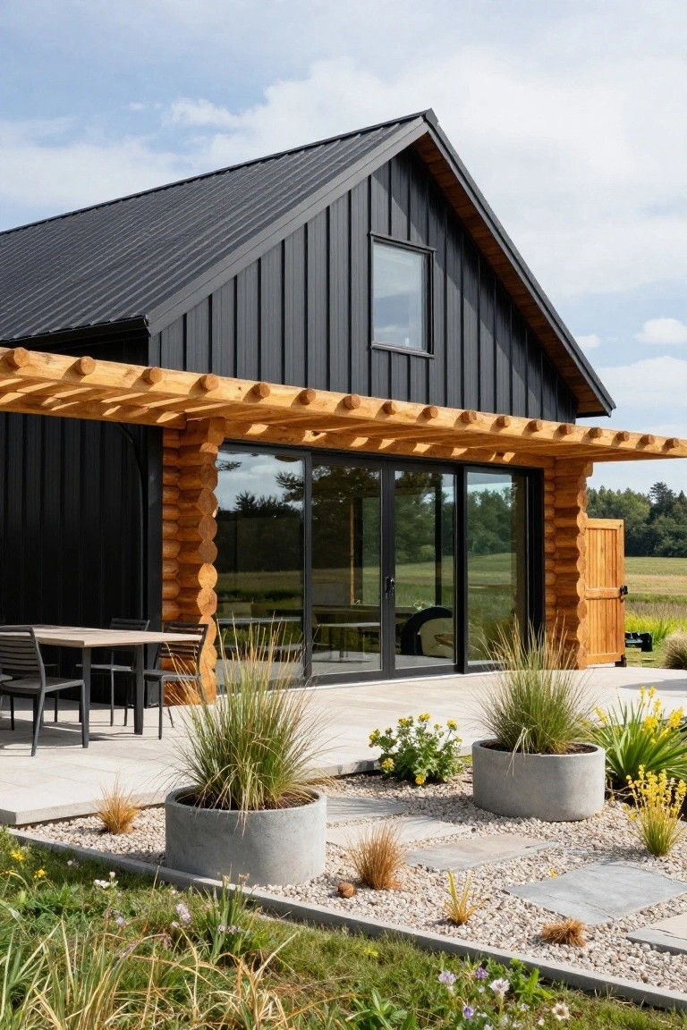 Side view of a modern log home with black corrugated metal roof and siding, light wood log corner posts supporting a pergola over a patio with glass sliding doors, outdoor table and chairs, potted grasses, gravel ground cover, and surrounding meadow.