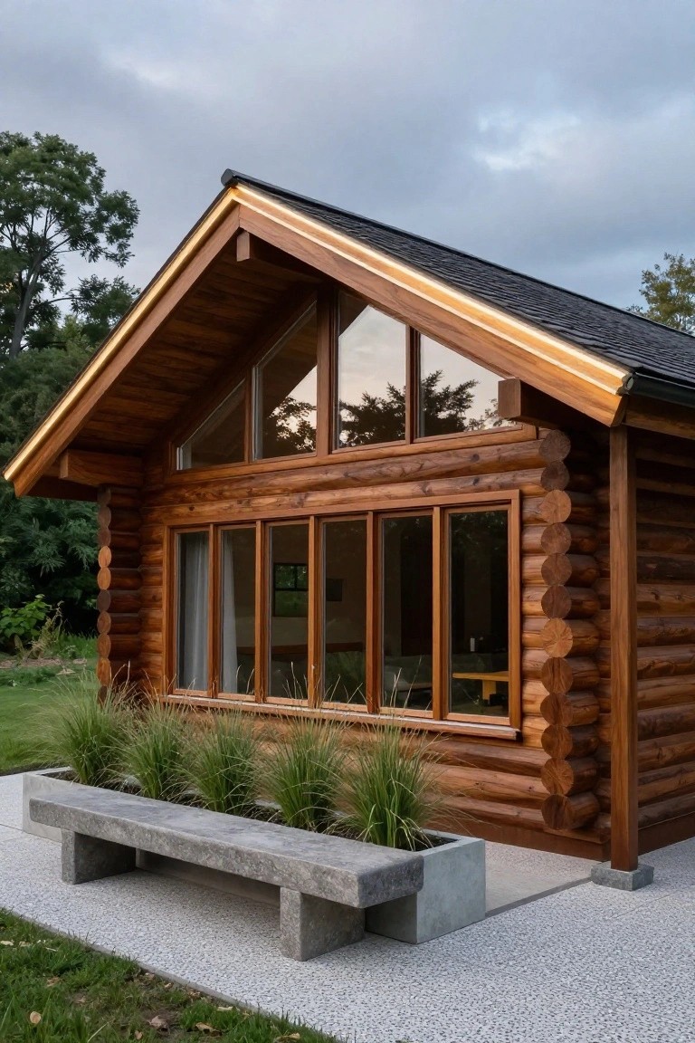 Wooden log cabin exterior with gabled roof and large triangular windows on the front facade, concrete bench planter with tall grasses on gravel patio, trees and lawn in background.