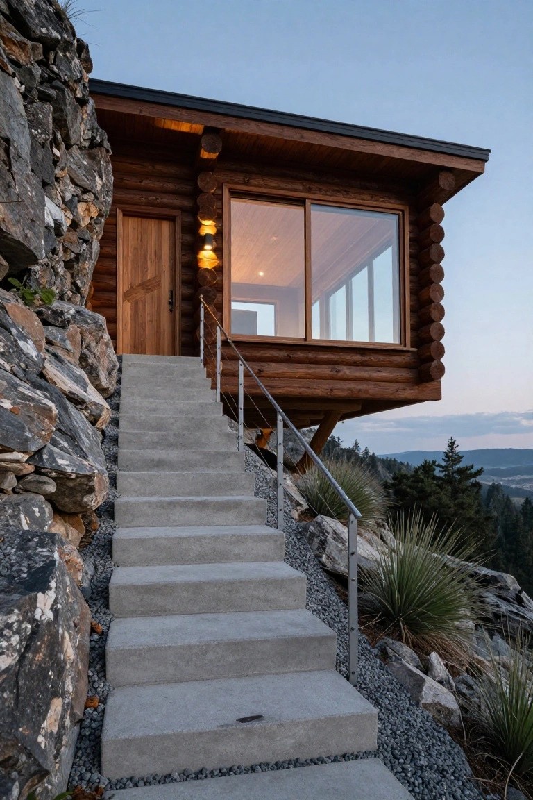 Wooden log cabin perched on a rocky hillside with concrete stairs and metal railings leading to the entrance, large windows, and a view of distant hills.