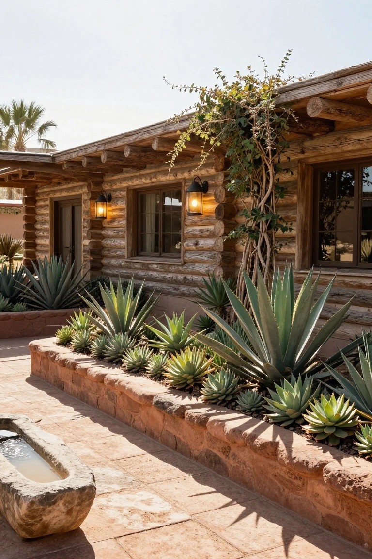 Rustic log cabin wall with wooden beams, doors, windows, and lanterns, adjacent to a raised red stone planter bed filled with multiple agave plants, a stone water trough on a tiled path, and palm trees visible nearby.