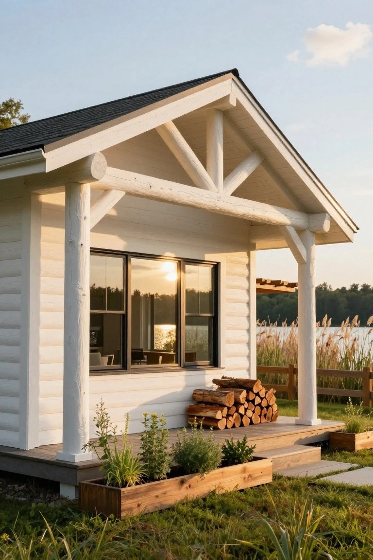White log cabin with gabled black roof, covered porch on log posts, stack of firewood, wooden planters with greenery, near lake reeds and woods at sunset.