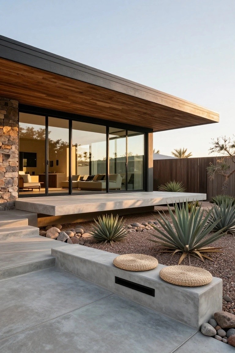 Modern desert house exterior with black metal and wood cantilevered roof overhanging large sliding glass doors, concrete terrace and steps with built-in bench, stone walls, and gravel landscaping with agave plants.
