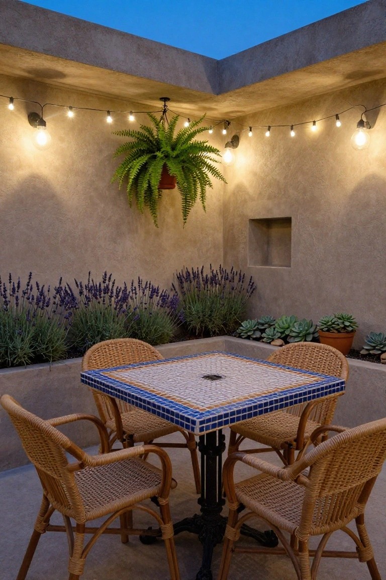 Corner outdoor terrace featuring a square table with blue and white tiles and four rattan chairs, bordered by lavender plants and succulents in raised beds, a hanging fern, and string lights against textured beige stucco walls at dusk.