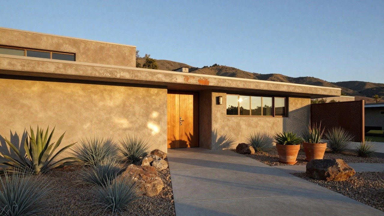 Beige stucco house facade with wooden front door, single window, concrete entry path, agave plants in terracotta pots, rocks, and gravel in desert setting with mountains behind.