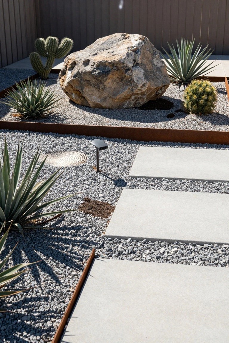 Desert landscaping with a large central boulder, agave and cactus plants, gravel mulch, rectangular concrete stepping stones, rusted metal edging, and a low ground light.