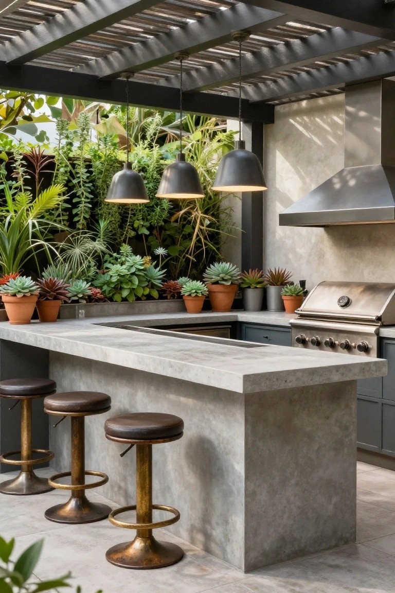Outdoor concrete countertop bar with integrated sink and stainless steel grill, three brown leather swivel stools with brass bases, pendant lights hanging from pergola, potted succulents and green wall backdrop.