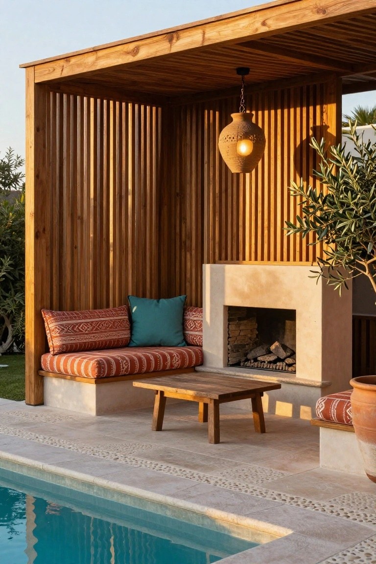 Wooden slatted pergola enclosing built-in cushioned benches facing a stone fireplace and low wooden table, positioned next to a rectangular pool with olive trees and terracotta pots nearby.