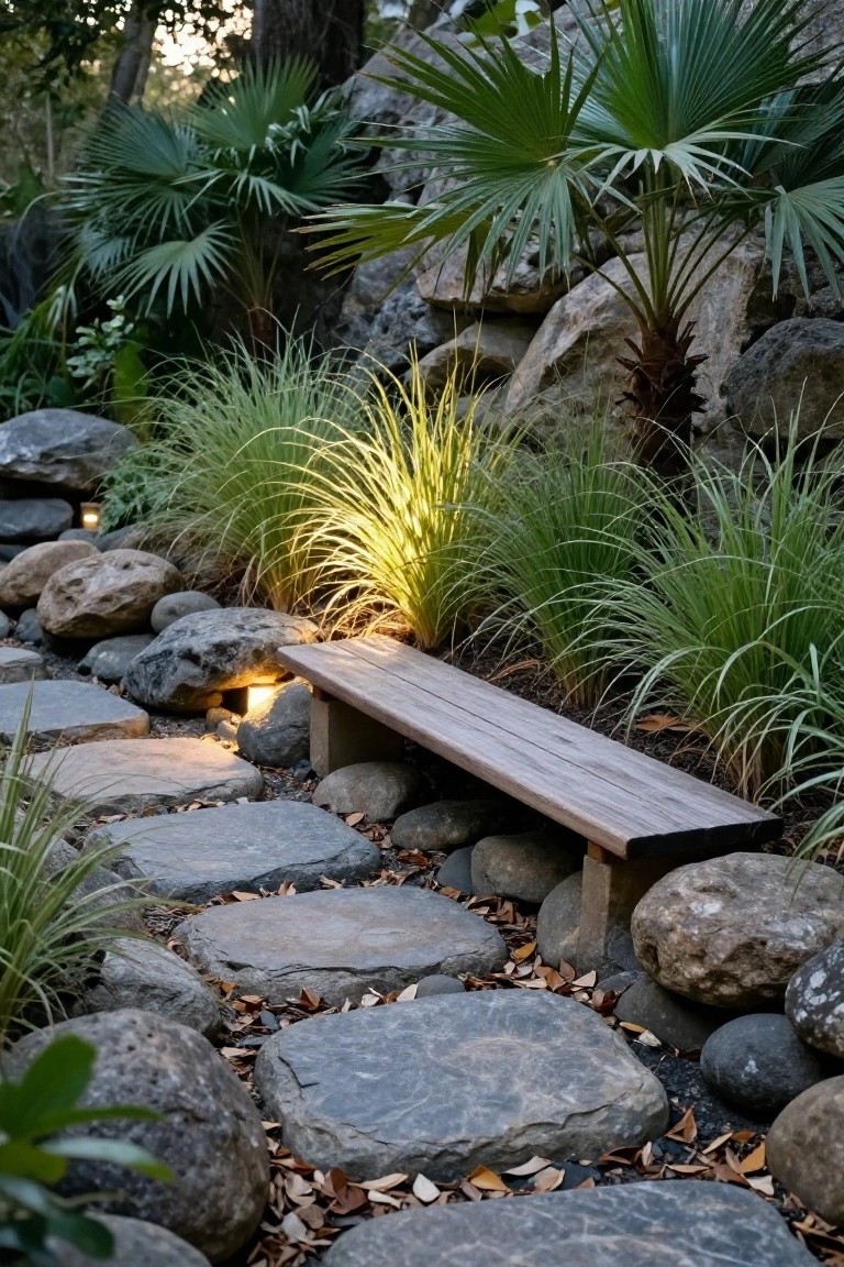 A winding garden path of large irregular gray stepping stones set among boulders, ornamental grasses, palm trees, and a wooden bench illuminated by ground lights.