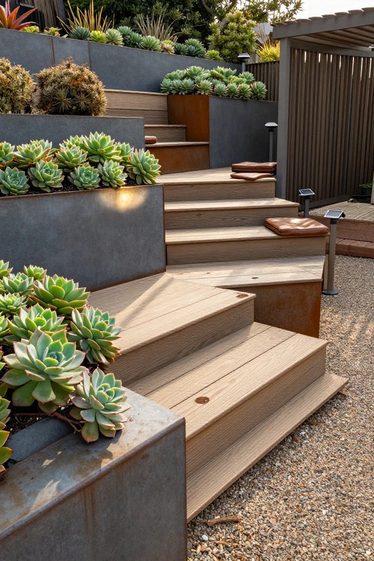 Wooden steps ascending a sloped outdoor area, bordered by rectangular corten steel planters filled with green and blue succulents, gravel ground cover, and solar lights.