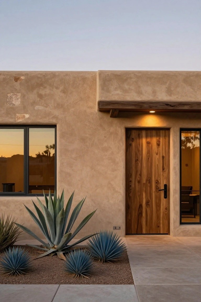 Tan stucco house exterior with rough textured walls, a vertical-plank wooden front door under a beam with recessed light, metal-framed windows, and agave plants in gravel bed at dusk.