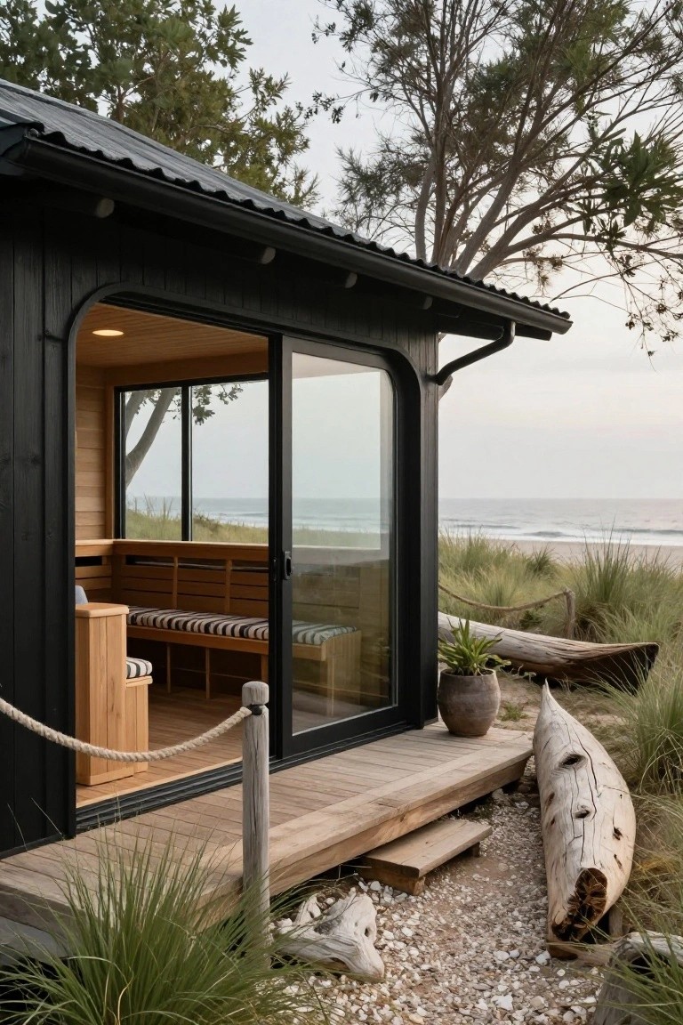 Black wooden cabin with open sliding glass doors revealing light wood sauna benches and shelf inside, positioned on a wooden deck surrounded by beach dunes, driftwood, grass, a potted plant, and ocean view.