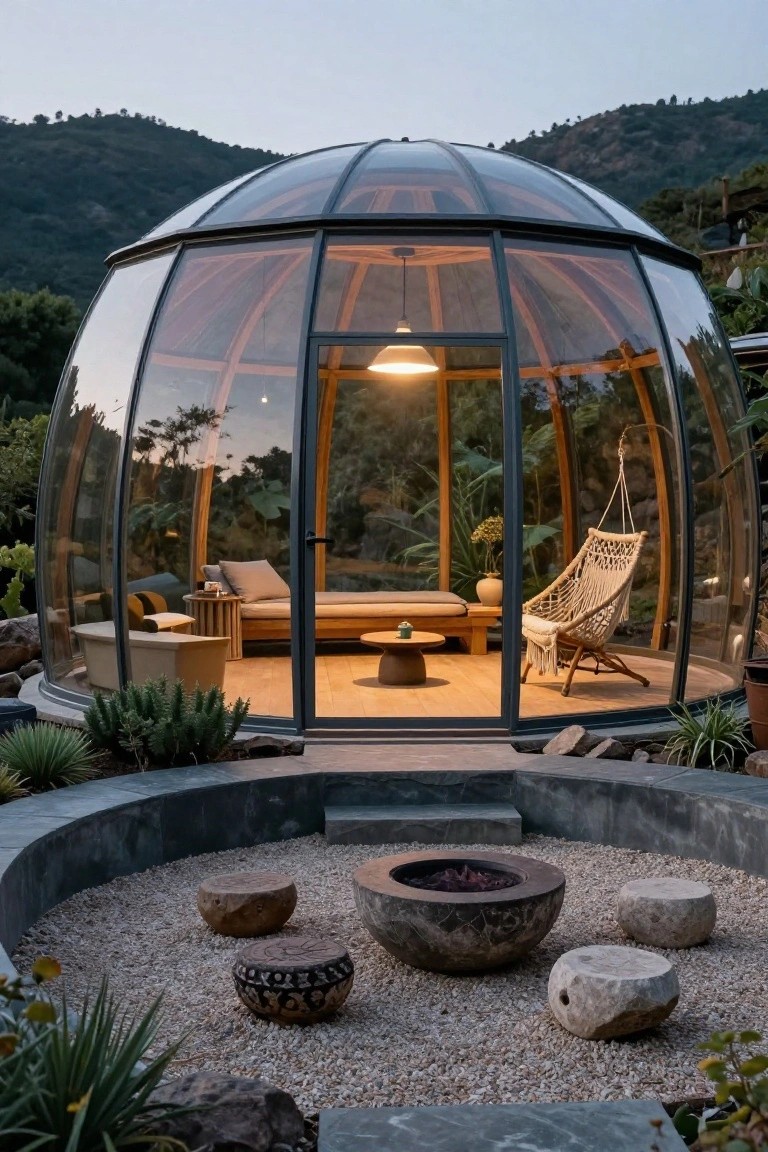 Glass-paneled geodesic dome cabin with visible wooden interior furniture and hanging swing, adjacent to a circular gravel patio with central stone fire pit and surrounding stone stools, amid plants and rocky landscaping at dusk.