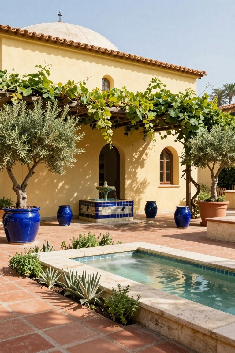 Yellow stucco house exterior with tiled dome roof, arched doorway, and outdoor courtyard on terracotta tiles featuring olive trees, grapevine pergola, blue ceramic pots, blue-tiled fountain, and small rectangular pool.