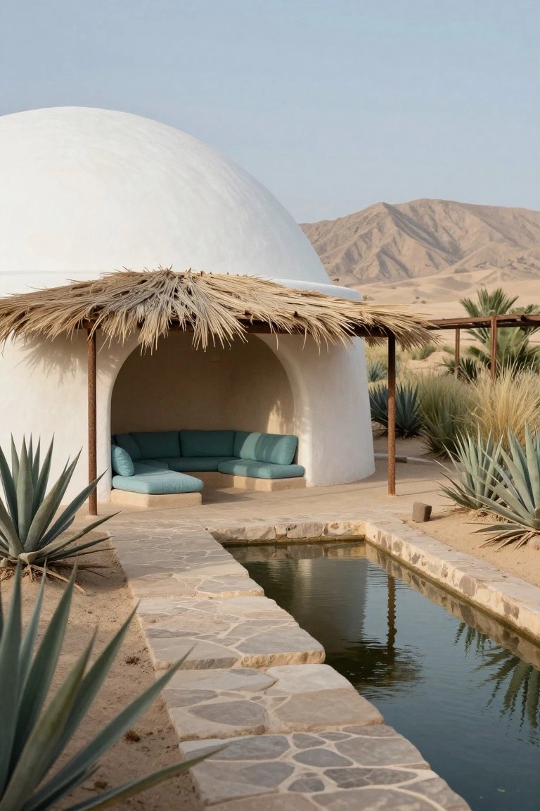 White dome structure with thatched roof overhang sheltering turquoise curved seating cushions in an arched opening, next to a stone-lined rectangular pool amid desert plants and distant mountains.