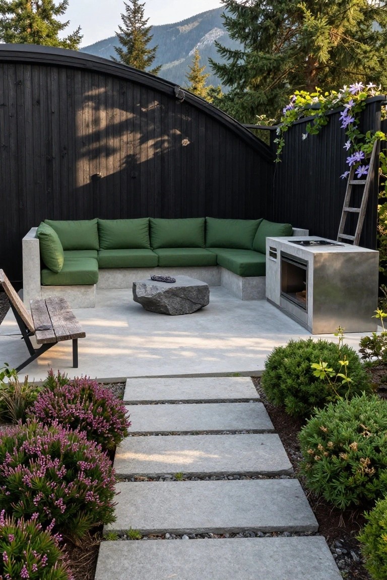Curved black wooden wall enclosing an outdoor patio with L-shaped green cushioned concrete bench, central stone fire pit table, stainless steel kitchen counter with fireplace and cooktop, nearby wooden ladder, stone pathway, shrubs, and background trees and mountains.