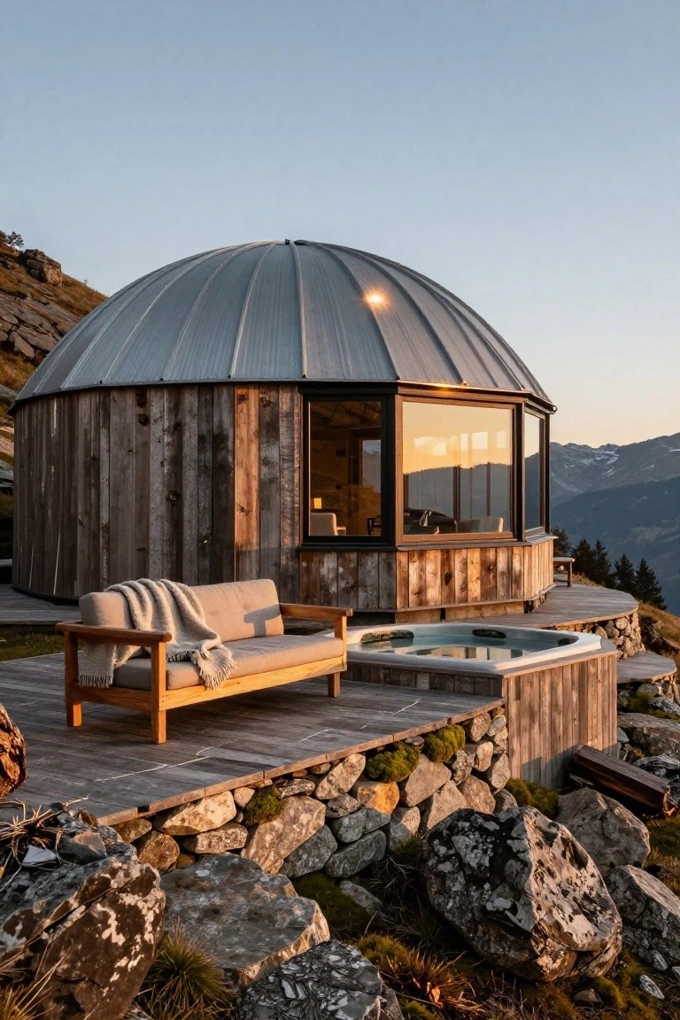 Wooden dome cabin with curved galvanized metal roof and large panoramic windows on a wooden deck with gray sofa, hot tub, and stone retaining walls on a rocky mountainside at sunset with distant peaks.