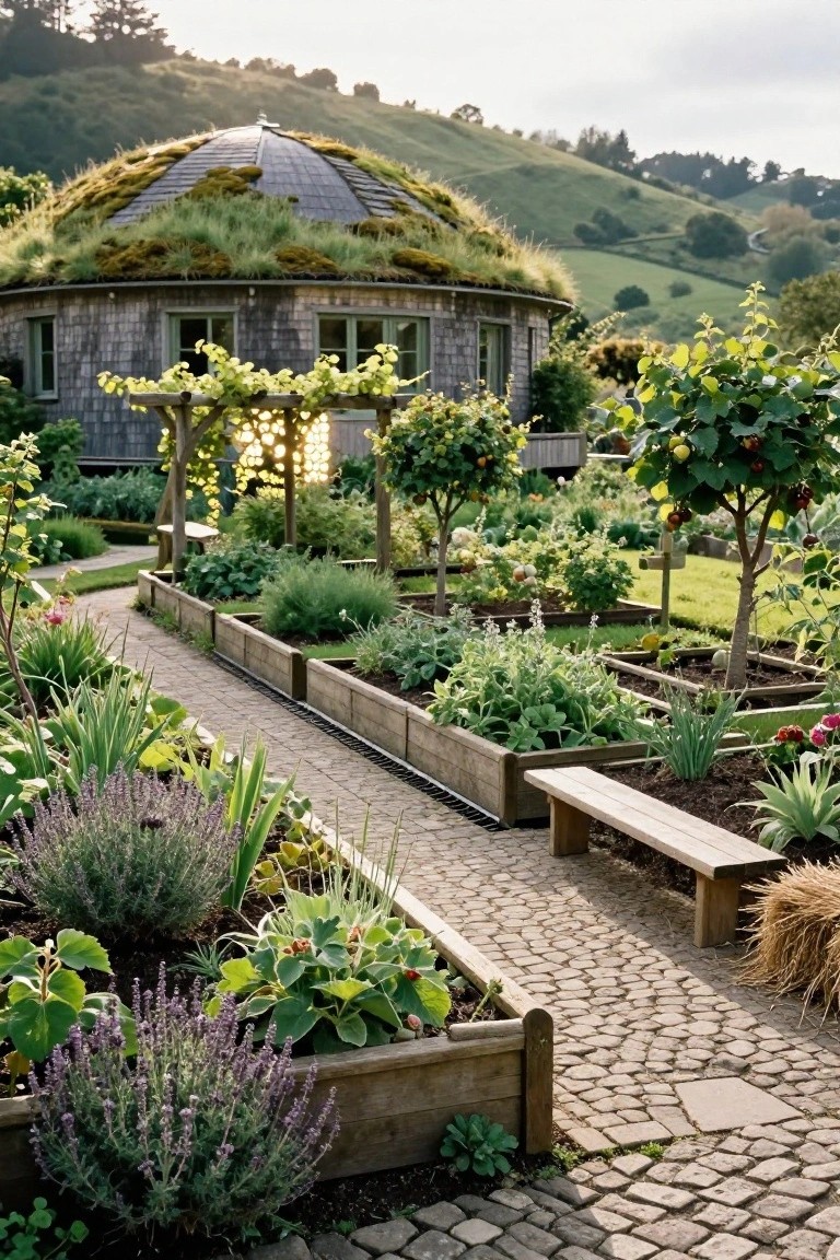 Round wooden-shingled dome cabin with green moss-covered roof surrounded by raised garden beds, fruit trees, and a cobblestone path on a grassy hillside.