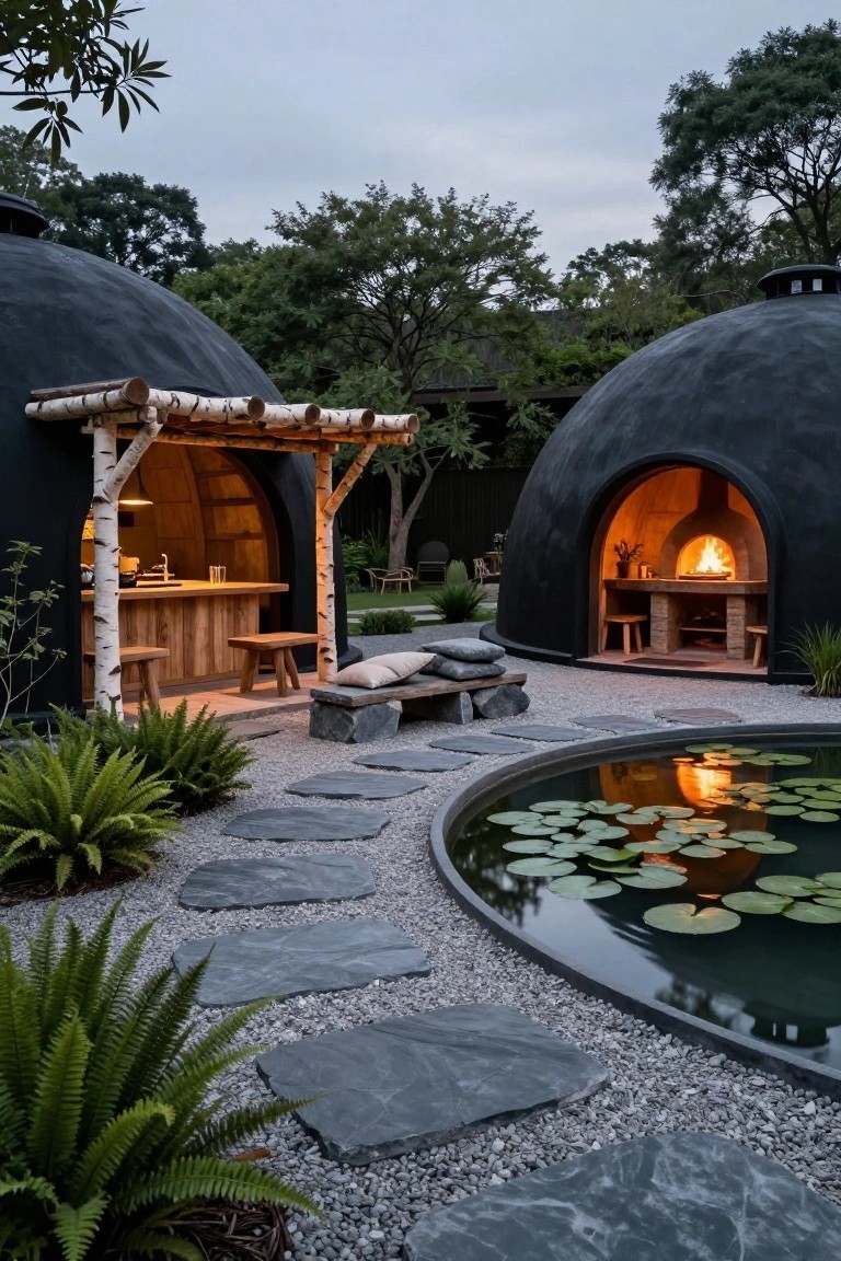 Two black rounded dome structures in a garden, one open with a wood bar under birch pergola and stools, the other with interior wood-fired oven, surrounded by stone paths, gravel, ferns, and a circular pond with lily pads.