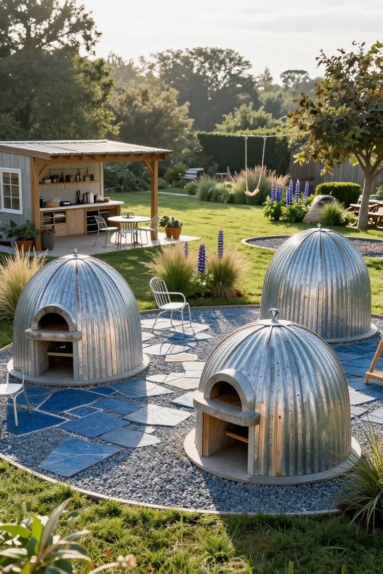 Three dome-shaped corrugated galvanized metal pizza ovens arranged in a circular gravel and slate stone patio, surrounded by ornamental grasses and garden landscaping, with a wooden shed kitchen and chairs nearby.