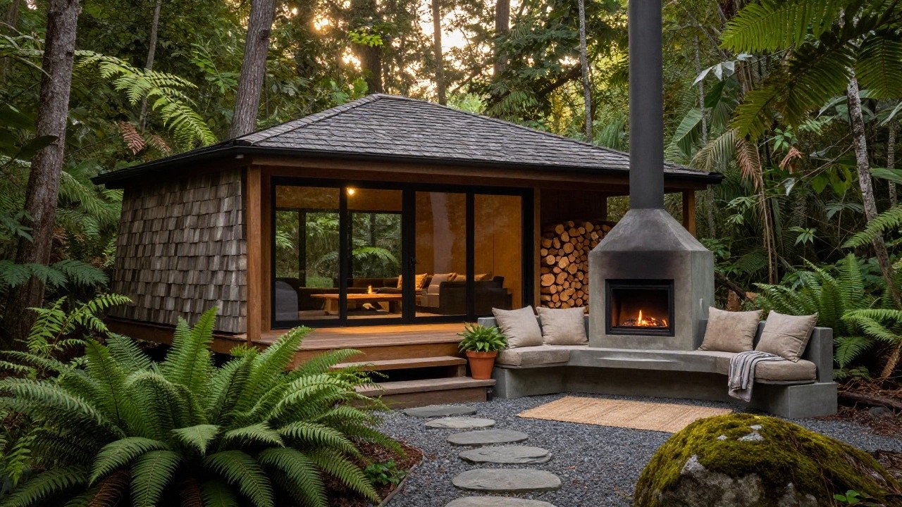 Small wooden cabin with dark shingle siding and peaked roof, large sliding glass doors opening to a deck with bench, potted plants, firewood stack, and stepping stone path through gravel amid ferns and trees.