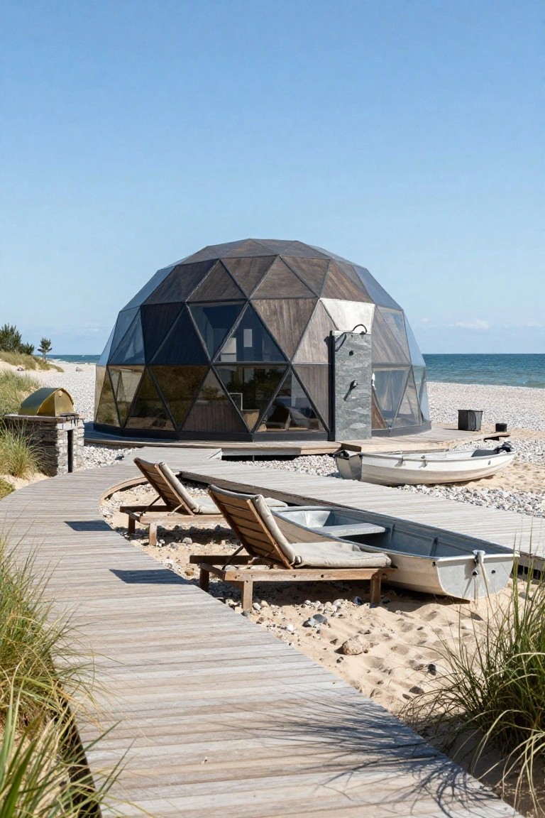Wooden and glass geodesic dome cabin on a sandy beach next to the ocean, with a wooden walkway, lounge chairs, small boats on the shore, and dune grass nearby.