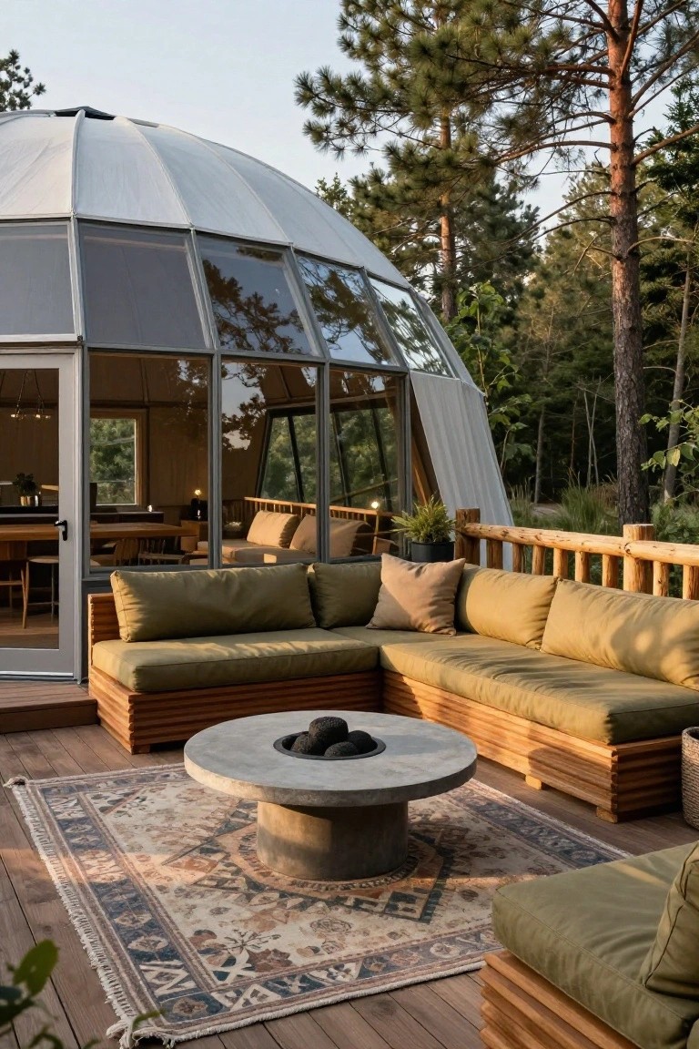 Geodesic dome cabin with white fabric panels and glass walls adjoining a wooden deck with L-shaped green sofa, central round concrete fire table with black stones, potted plants, and surrounding pine trees.