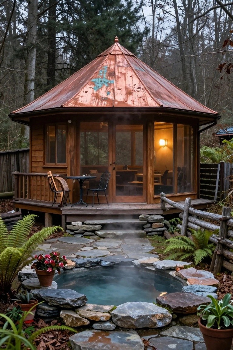 Octagonal wooden gazebo with glass walls and conical copper roof elevated on a deck beside a stone-lined hot tub surrounded by ferns and plants in a forested area.