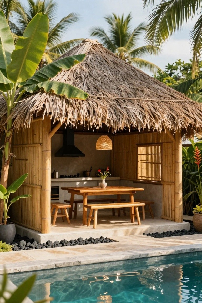 Thatched roof pavilion with bamboo walls enclosing an outdoor kitchen, wooden dining table and benches, positioned beside a turquoise swimming pool amid tropical plants and black lava rocks.
