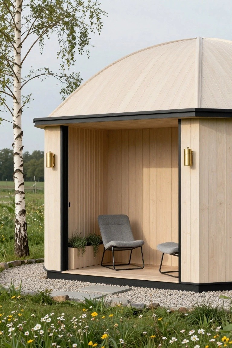 Light wooden dome pavilion with open sides containing two gray chairs, gold wall lamps, and a potted plant, set amid grass, gravel path, birch trees, and wildflowers.