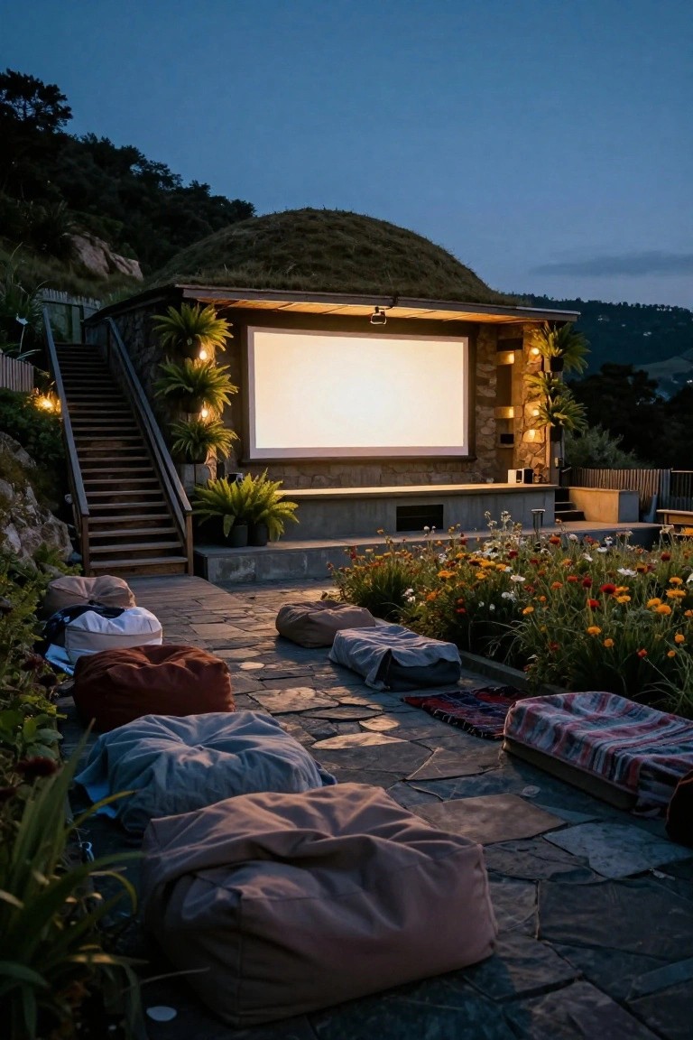 Stone terrace with oversized bean bags, poufs, blankets, and rugs arranged as outdoor cinema seating facing a large blank projector screen on a green-roofed structure with stairs, plants, flowers, and lanterns at dusk.