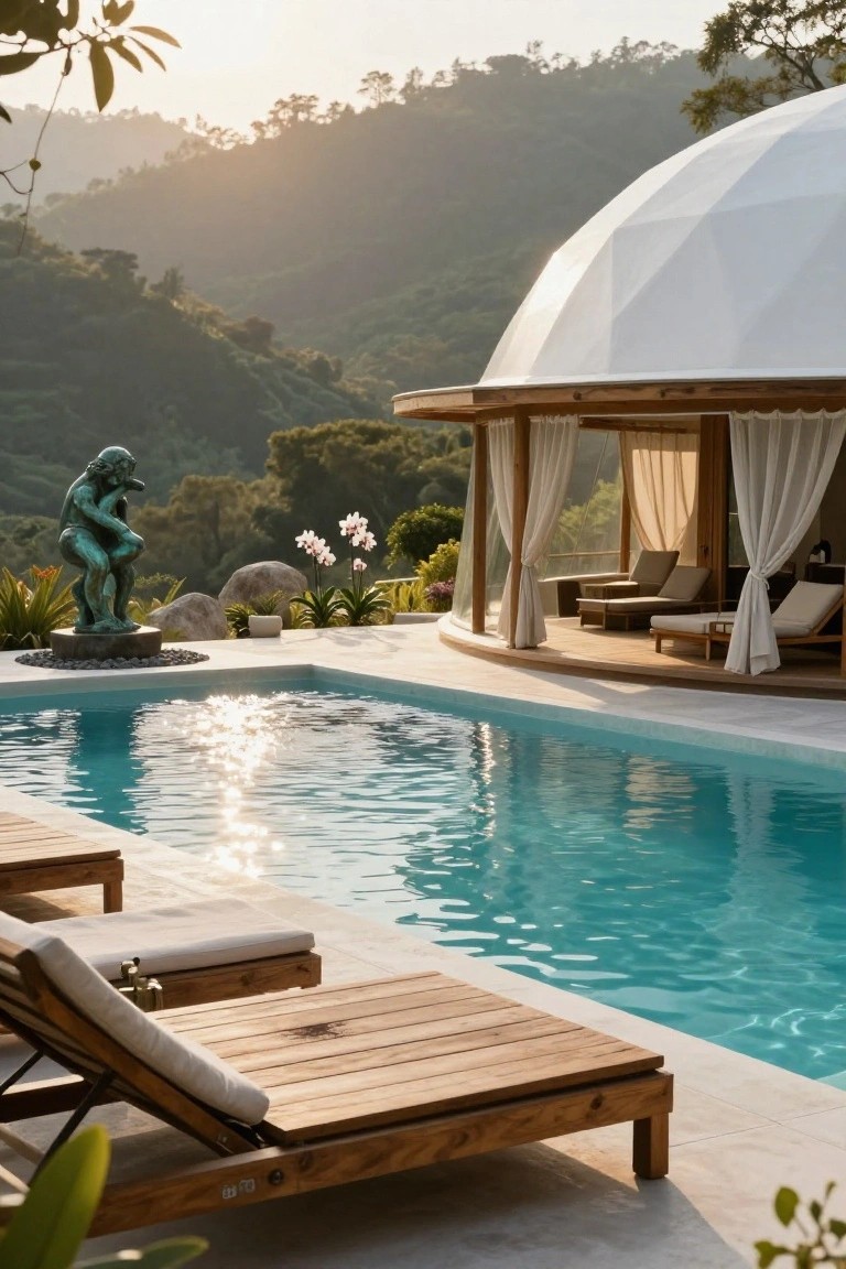 Curved turquoise pool on white stone deck with wooden sun loungers, adjacent to open wooden pavilion with white curtains and chairs, bronze statue, orchids, and white geodome against green mountains at sunset.