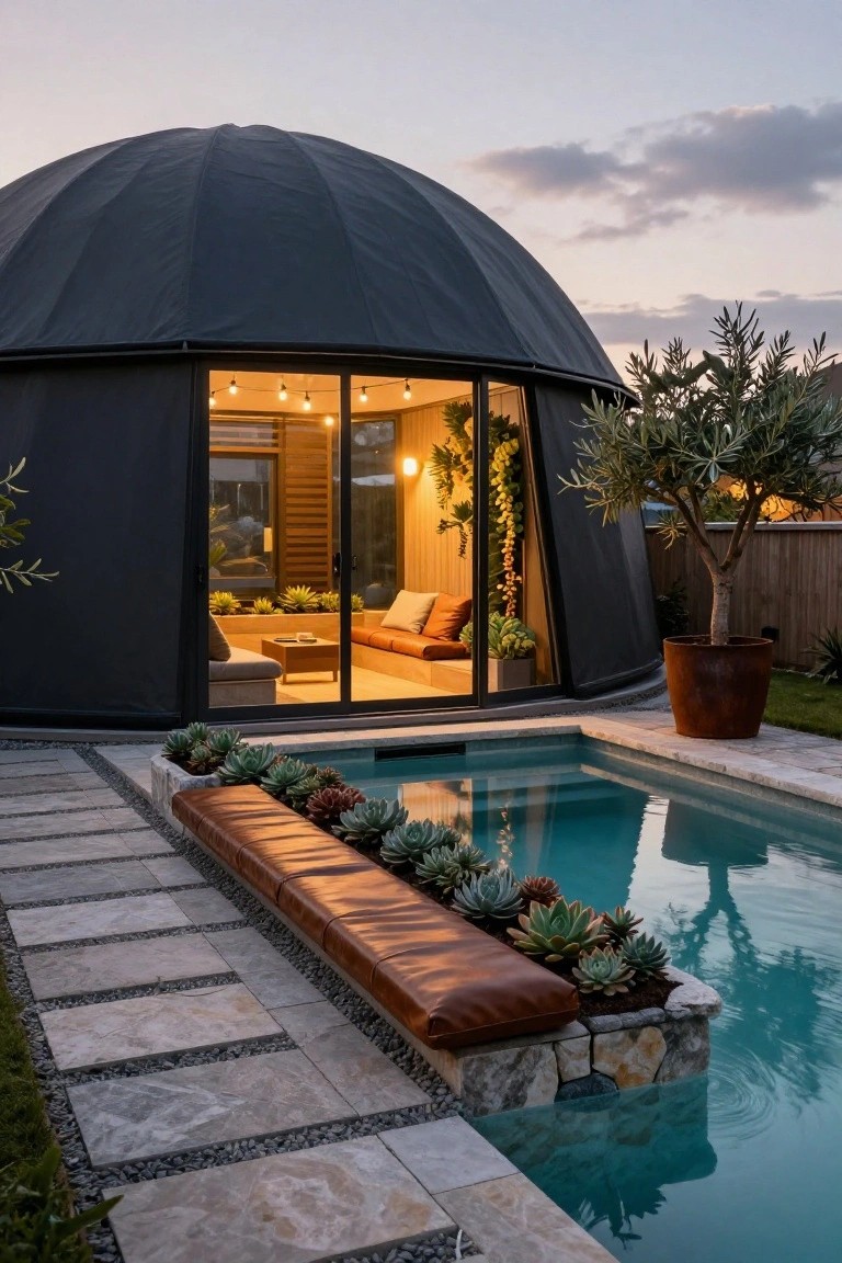 Black fabric-covered dome cabin with large glass doors open to a wooden deck next to a turquoise rectangular pool edged in stone, featuring a built-in leather bench with succulents, stone pavers, olive trees, and plants in a garden setting at twilight.
