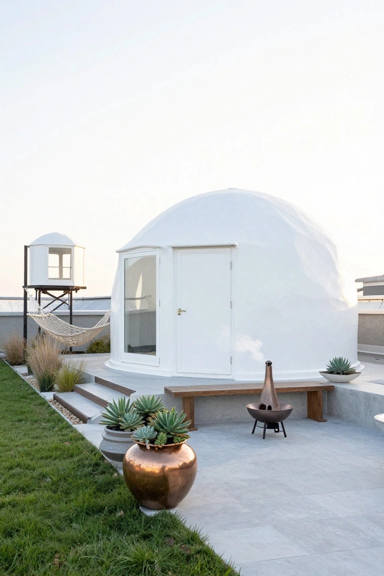 White dome-shaped cabin on a concrete rooftop terrace surrounded by potted plants, a wooden bench, copper fire pit, and hammock near a small white tower structure.
