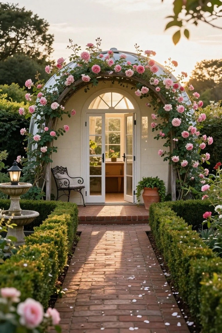 White dome-shaped garden structure with arched glass door covered in pink climbing roses on wooden supports, flanked by hedges along a brick path leading to it, with a stone fountain, lantern, wrought-iron bench, and potted plants nearby in a lush garden.