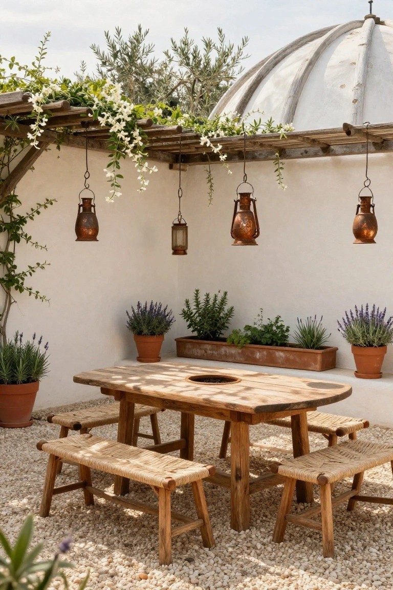 Rustic wooden dining table with central cutout and benches with woven seats on pebble ground, surrounded by potted plants and herbs, under hanging copper lanterns and vine-covered pergola against white wall.