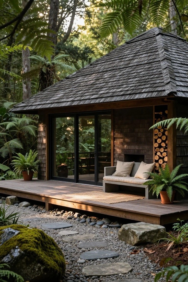 Small wooden cabin with dark shingle siding and peaked roof, large sliding glass doors opening to a deck with bench, potted plants, firewood stack, and stepping stone path through gravel amid ferns and trees.