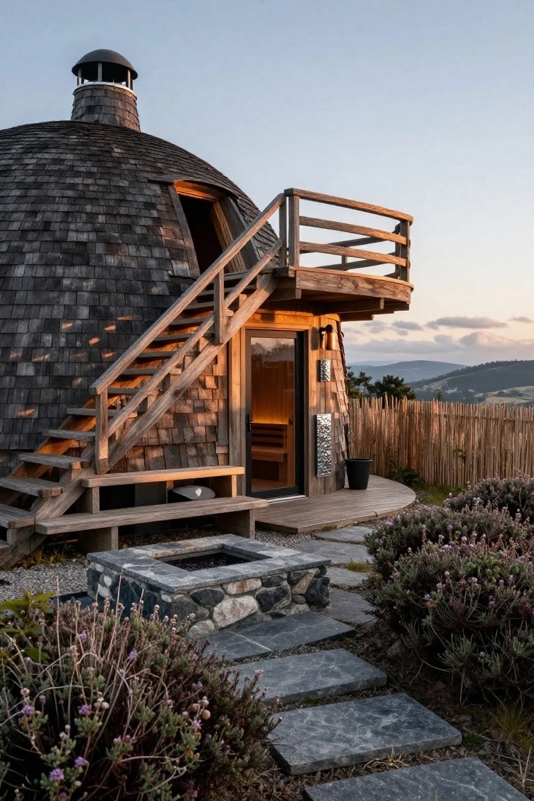 Round wooden dome cabin covered in dark shingles, elevated with wooden stairs leading to a glass door entrance, featuring a deck, black pot planter, stone fire pit, gravel path, shrubs, bamboo fence, and distant hills at dusk.