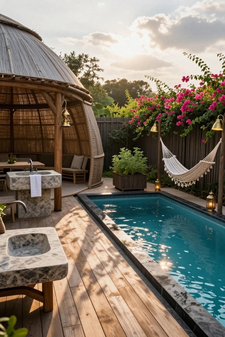 Small rectangular turquoise plunge pool with black tile edging on a wooden deck next to a thatched dome pavilion, featuring a stone outdoor basin with faucet, hanging hammock, lanterns, and tropical plants.