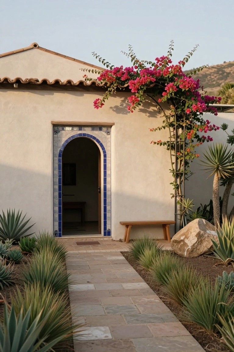 White stucco house facade with an open arched doorway framed in blue tiles, pink bougainvillea climbing a metal trellis beside it, agave plants and grasses lining a stone pathway leading to the entry, wooden bench nearby, and desert hillside in the background.